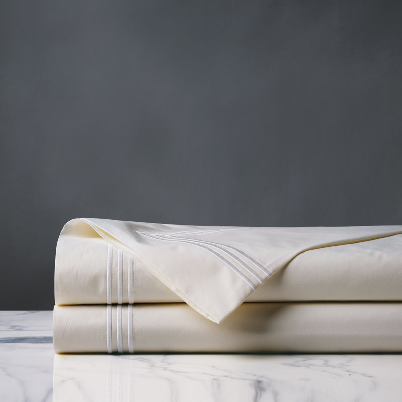 Tessa 100% Cotton Percale Striped Flat Sheet, Ivory/White, Queen Flat Sheet
