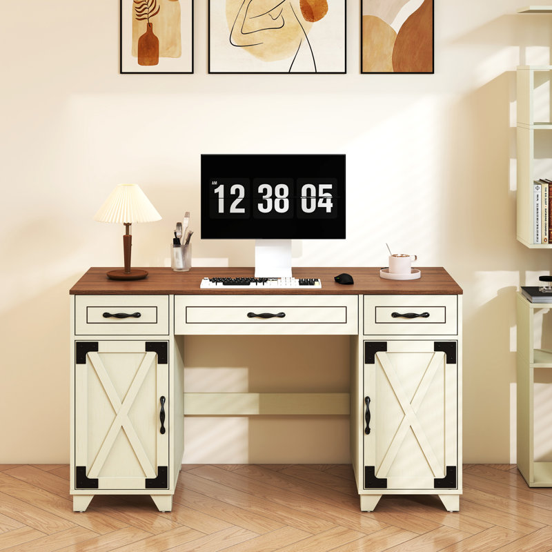 Bureau de direction 52,8 po avec trois tiroirs, deux armoires et une station de charge, bureau à domicile pour bureau à domicile, chambre à coucher