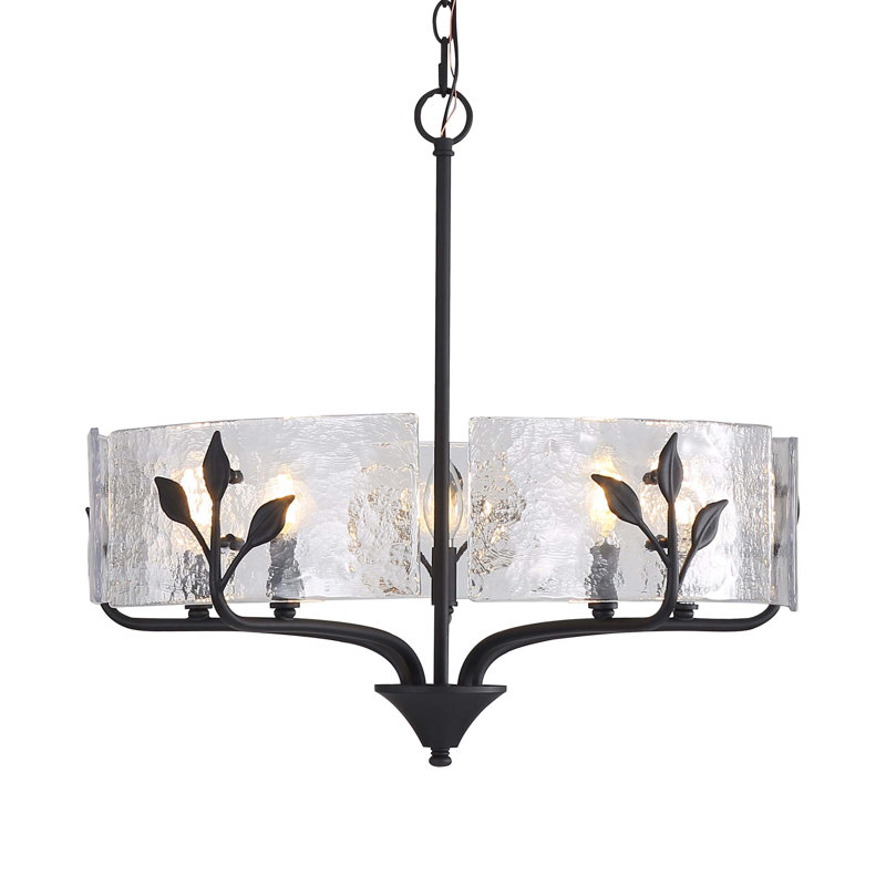 Luminaire suspendu Mohni avec verre d'eau martelé, H 25,5 po x l 24 po x P 24 po, Noir naturel, 5 lumières