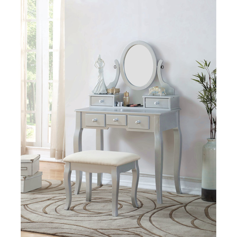 Wood Make-Up Vanity Table And Stool Set, Silver