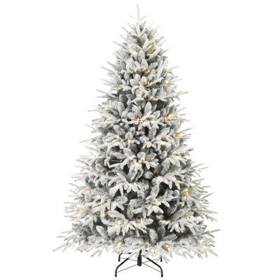 Sapin de Noël artificiel pré-illuminé, recouvert de neige blanche et verte, lumières DEL blanc chaud, branches articulées et base métallique pliable pour la décoration intérieure des fêtes.