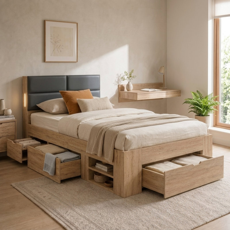 Natural Oak Effect Wooden Bed with 3 Drawers & LED Reading Light, Single