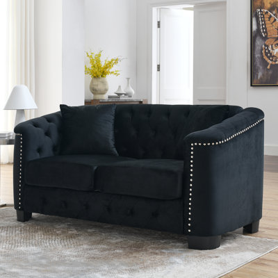 Canapé Chesterfield 59 po en velours 59 po, canapé 2 places, dossier capitonné avec accoudoirs cloutés et 2 coussins pour le salon, la chambre à coucher, l’appartement, le bureau