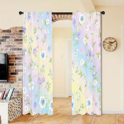 2 panneaux de rideaux filtrant la lumière à l'aquarelle et à l'aquarelle sur fond dégradé arc-en-ciel, décoration de jardin printanier avec passe-tringle, rideaux toutes saisons pour le salon, décoration de chambre à coucher