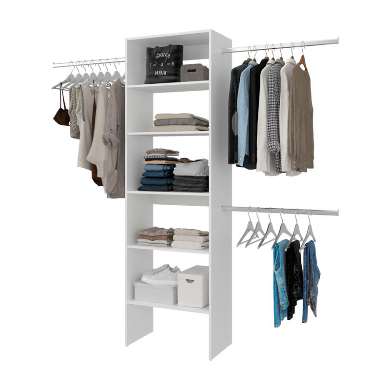 Système d'organisation modulaire avec tablettes ouvertes, tringles de suspension doubles et rangement vertical, blanc