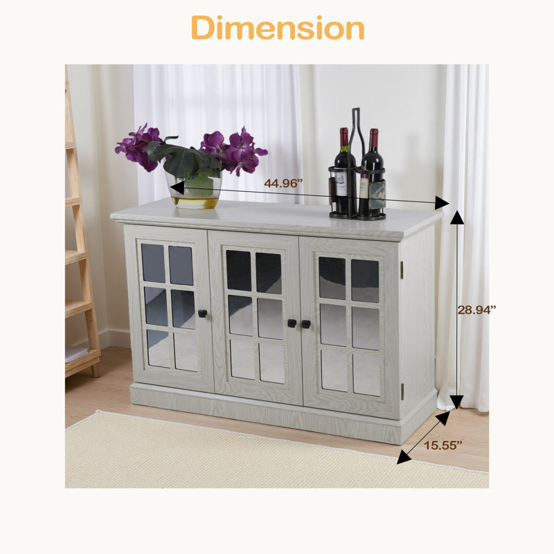 44.96" W Storage Cabinet With 3 Mirrored Acrylic Doors, Sideboard With Adjustable Shelves For Living Room Dinning Room Kitchen
