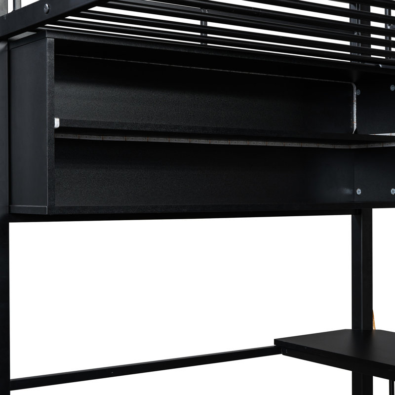 Lit mezzanine simple en métal avec bureau, rangement et rangement à DEL de conception moderne noir, Lit simple