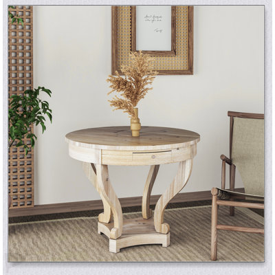 Farmhouse Round Table with Curved Scroll Legs & 2 Storage Drawers – Small Space Solution for Kitchen/Dining/Living Room