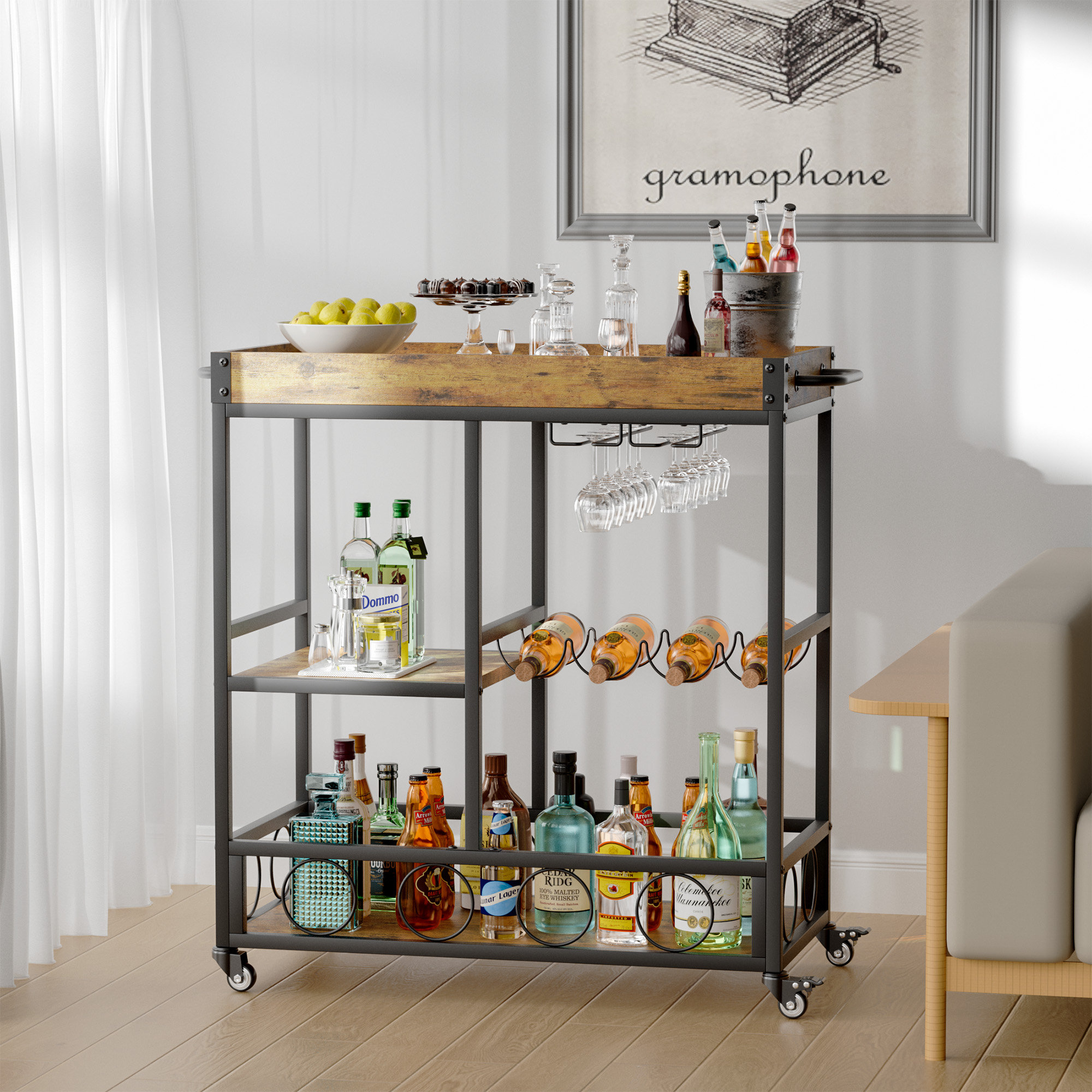 17 Stories Jikke Bar Cart with 3 Shelves, Lockable Wheels, Removable ...