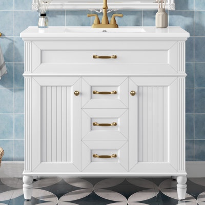 36 Inch Bathroom Vanity With Sink Combo, Black Freestanding Cabinet With Ceramic Basin,White