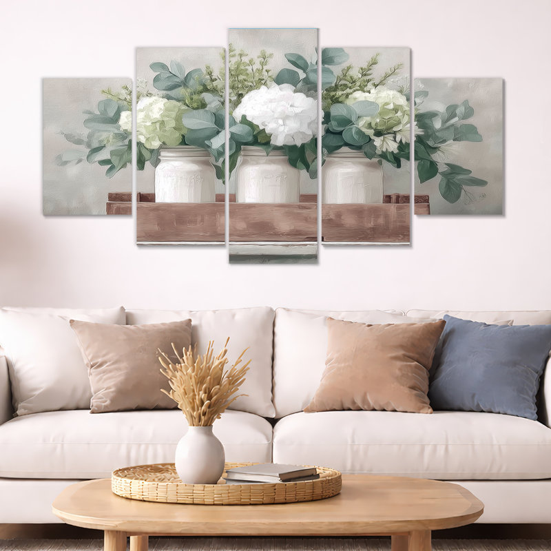 Rustic Farmhouse Peonies - Farm Canvas Print, White Farmhouse Wall Art 5 Panel