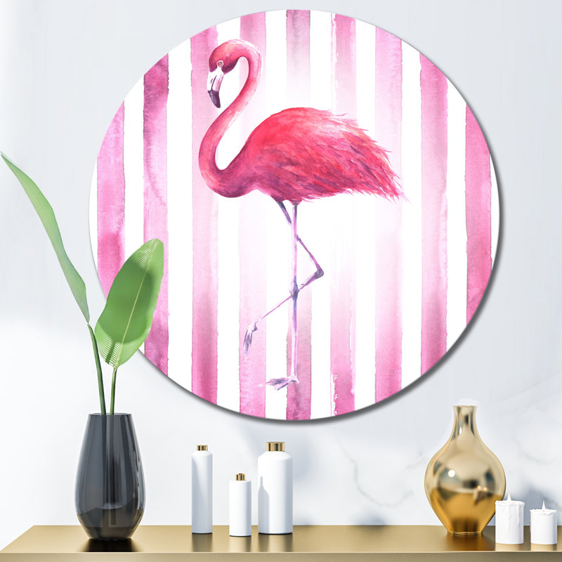 Pink Flamingo On Pink Stripes On Metal Print
