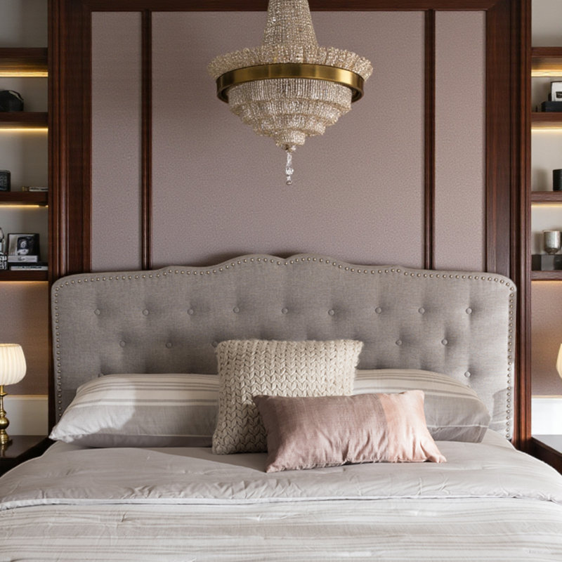 Lili Traditional Greyish Beige Queen Tufted Upholstered Headboard, 47.77" H X 61.31" W X 2.56"D, Greyish Beige, Queen