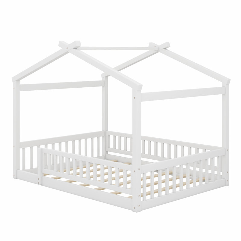 Structure de lit en bois avec clôture, Blanc