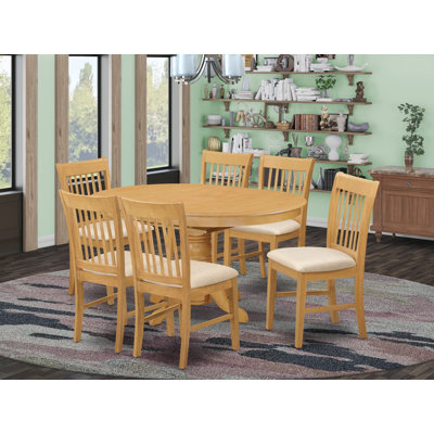 Ensemble de meubles de salle à manger 7 pièces comprenant une table de cuisine ovale avec rallonge papillon et 6 chaises rembourrées en tissu de lin, 42 x 60 pouces, chêne