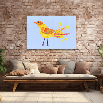 Whimsical Yellow Bird Colorful Vibrant Whimsical Bird Flower Nature Wall Art Print 1 Piece Wrapped Canvas Wall Art
