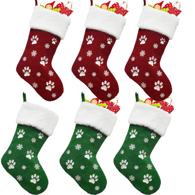 6-Pack Christmas Stockings for Pets, Large 18-Inch Dog Paw Print & Snowflake Pattern Hanging Socks, Red and Green Holiday Decor for Fireplace, Dog Lover Gift