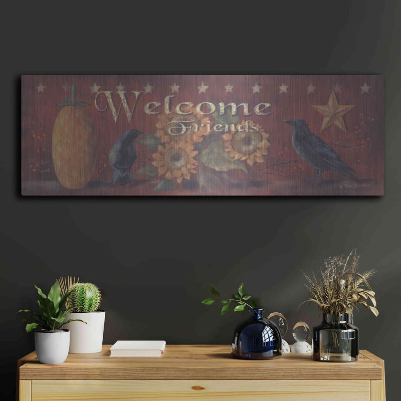«Welcome Friends» par Pam Britton, art mural en métal, H 12 po x l 36 po