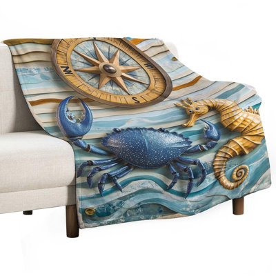 Jeté en flanelle de luxe Ocean Compass Crab Seahorse Waves