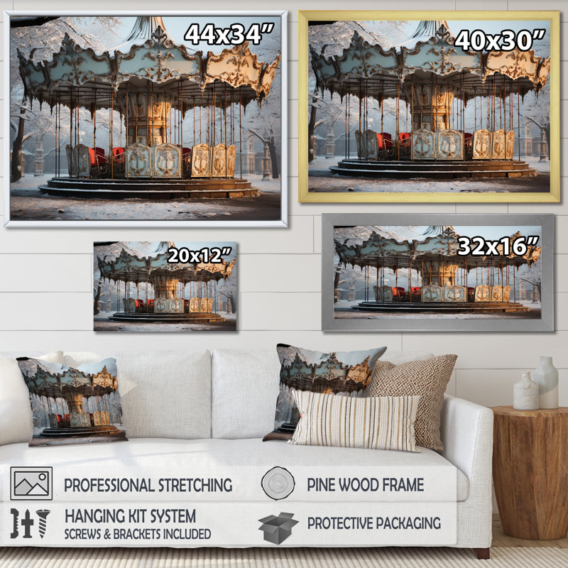 Carousel Winter Scenery In Paris sur impression sur toile, Cadre doré simple, H 34 po x l 44 po x P 1,5 po