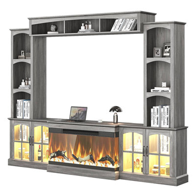 Farmhouse 97"W Wall Unit Entertainment Center TV Stand With 3-Sided Fireplace For Tvs Up To 65", Gray