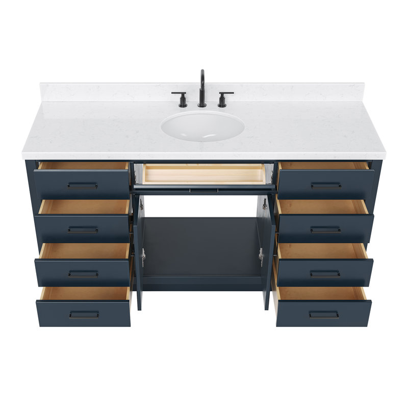 Thornaby 66'' Solid Wood Single Bathroom Vanity with 1.5'' Carrara Quartz Top, Midnight Blue, Oval