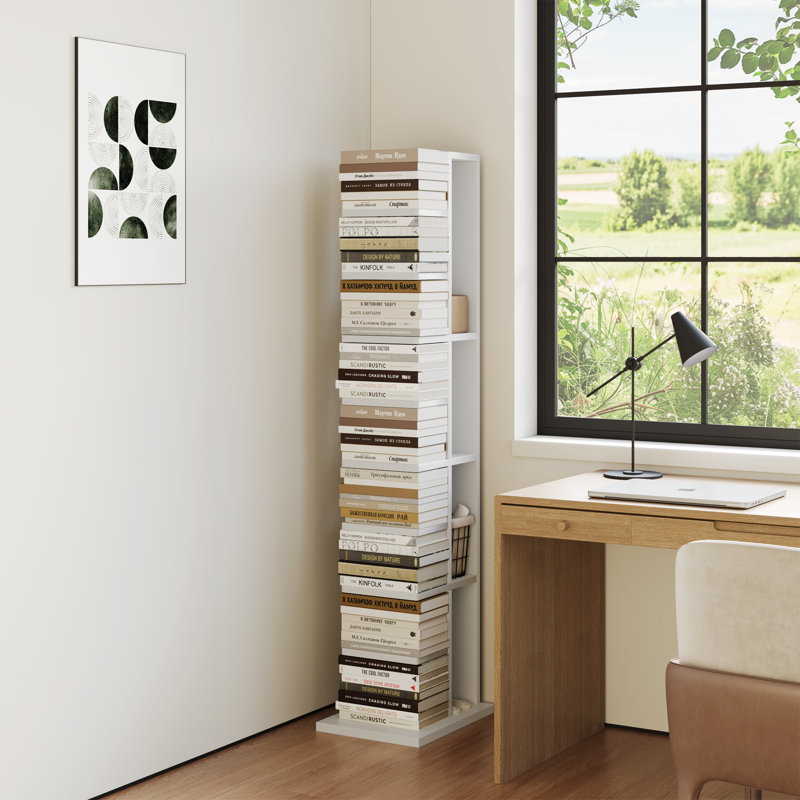 9 Tier Bookshelf, Vertical Corner Shelf With Modern Invisible Spine Ladder Bookcase Space-saving Organizer, White