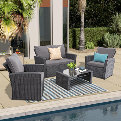 4 Piece Outdoor Patio Wicker Furniture Sectional Sofa Set With Cushions & Glass Coffee Table
