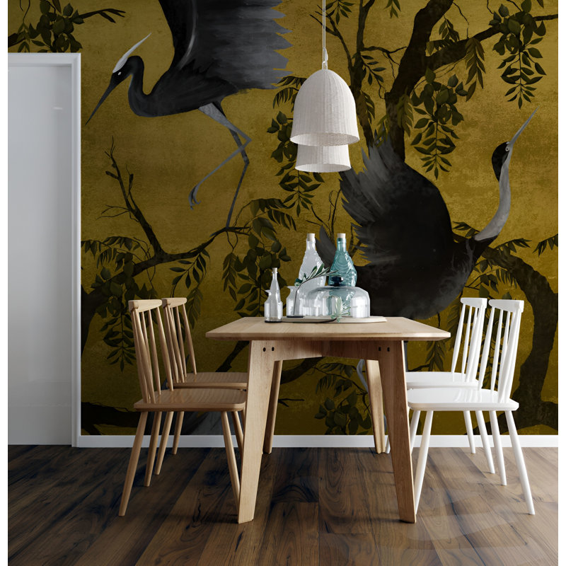 Murale de papier peint vert olive foncé avec motif de branche d'arbre botanique