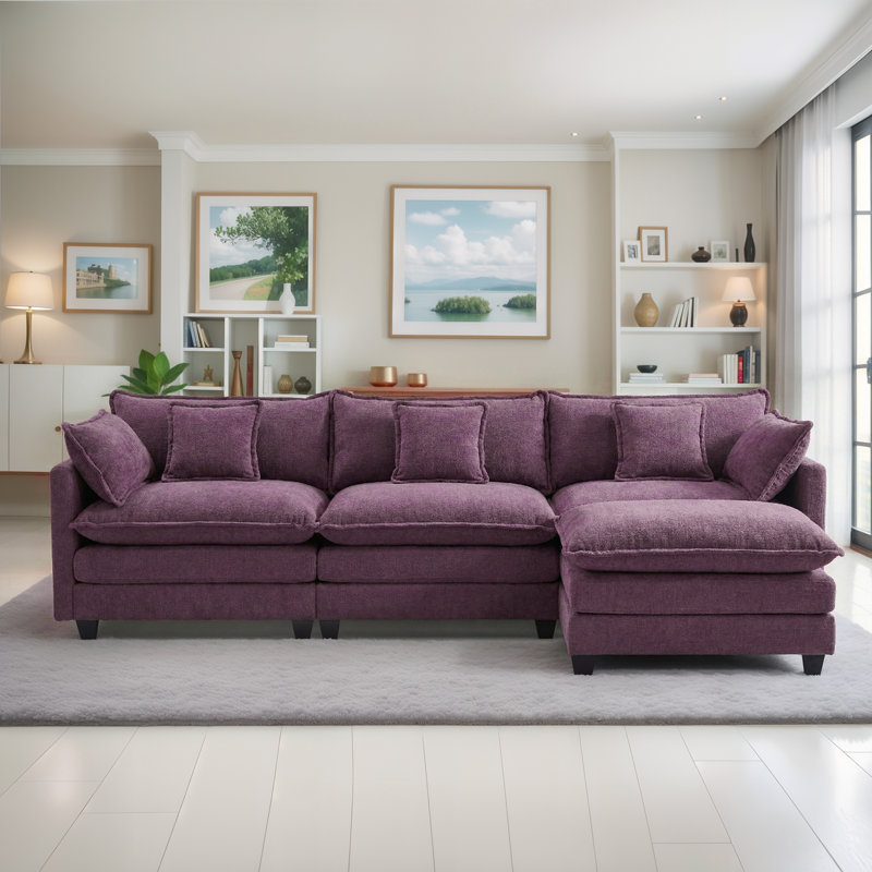 Modular Sectional Sofa, Comfy Cloud Couch With Movable Ottoman, 3-Seat Sofa Sleeper With Side Pockets, Deep Seat Sofa With Double Cushions & 5 Pillows For Living Room(112"-L Shape)