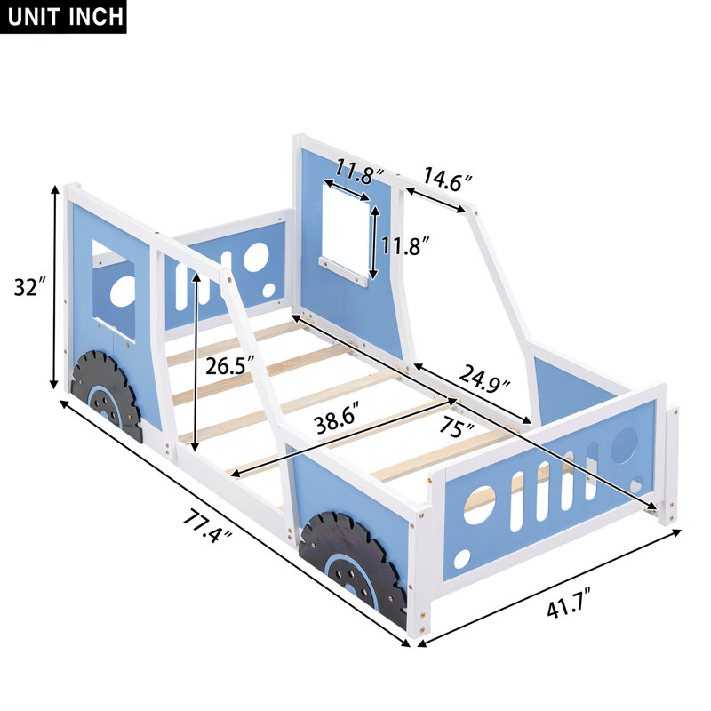 Lit plateforme simple en forme de voiture avec roues, Blue