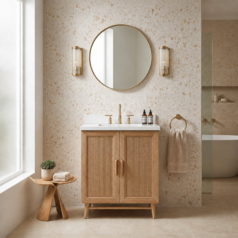 Meuble-lavabo autoportant en bois massif café clair avec plateau blanc, 30"