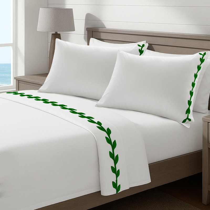 Layered Leaf Applique Cotton Sheet Set, Green/White, Twin XL Fitted Sheet