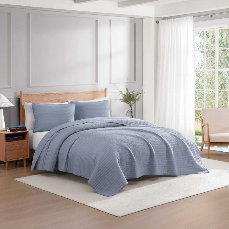 Tommy Hilfiger Christopher Texture Blue Cotton Reversible Quilt Set, Twin Quilt + 1 Standard Sham