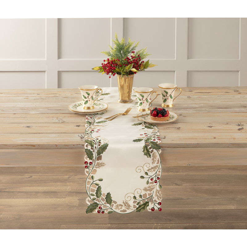 Lenox Holiday Nouveau Holly & Berries Embroidered Runner