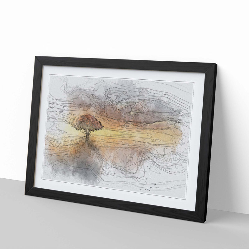 Flying Birds over a Lone Tree in Abstract - Framed Print, 35cm H x 50cm W x 2cm D, Black