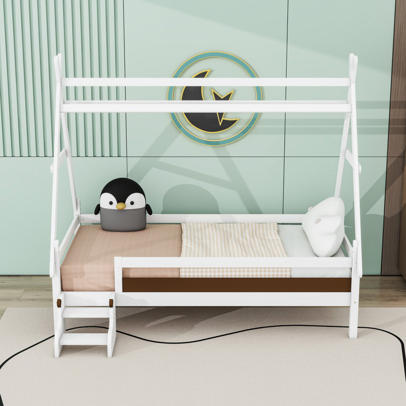 Wooden House Platform Bed With Stairs, Guardrails And Sturdy Slats, Twin, White
