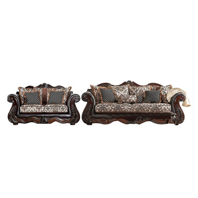 Ammy 2Pc Sofa Loveseat Set, Dark Brown Faux Leather, 5 Accent Pillows