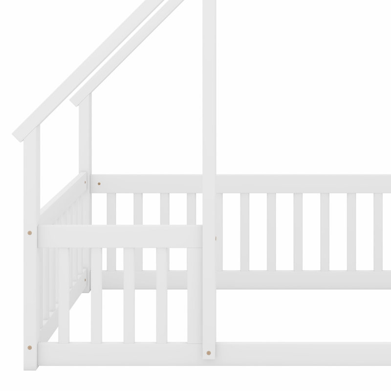 Contemporary House‑Shaped Floor Bed Featuring Safety Fence And Guardrails, White