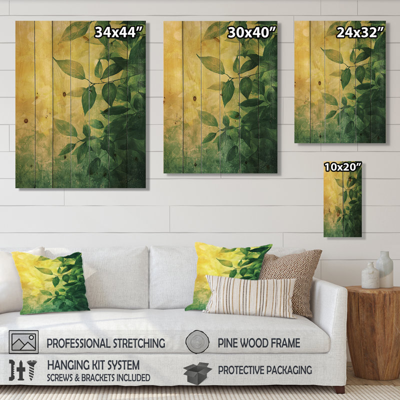 Feuillage vert vert et jaune, collage de feuilles V - décoration murale en bois de feuilles - sur bois de pin naturel