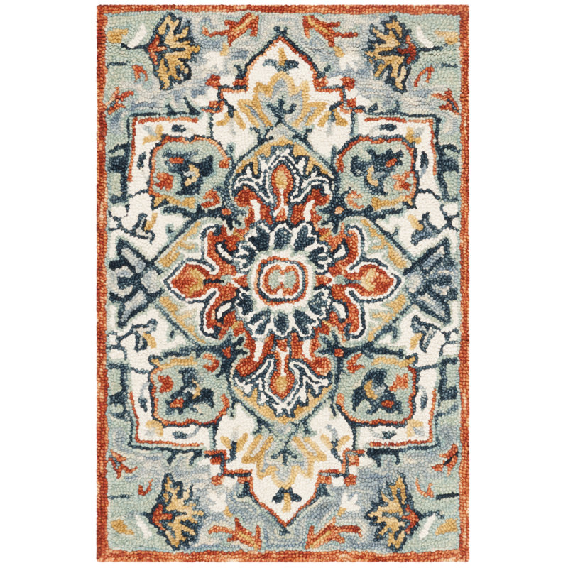 Vahakn Hand Tufted Wool/Cotton Southwestern Rug in Blue/Rust, Rectangle 3' x 5'
