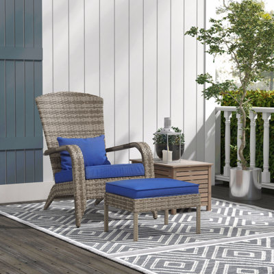 Patio Wicker Adirondack Chair With Ottoman, Outdoor Fire Pit Chair With Cushions, High-Back, Large Seat & Armrests For Deck, Garden & Backyard, Dark Blue