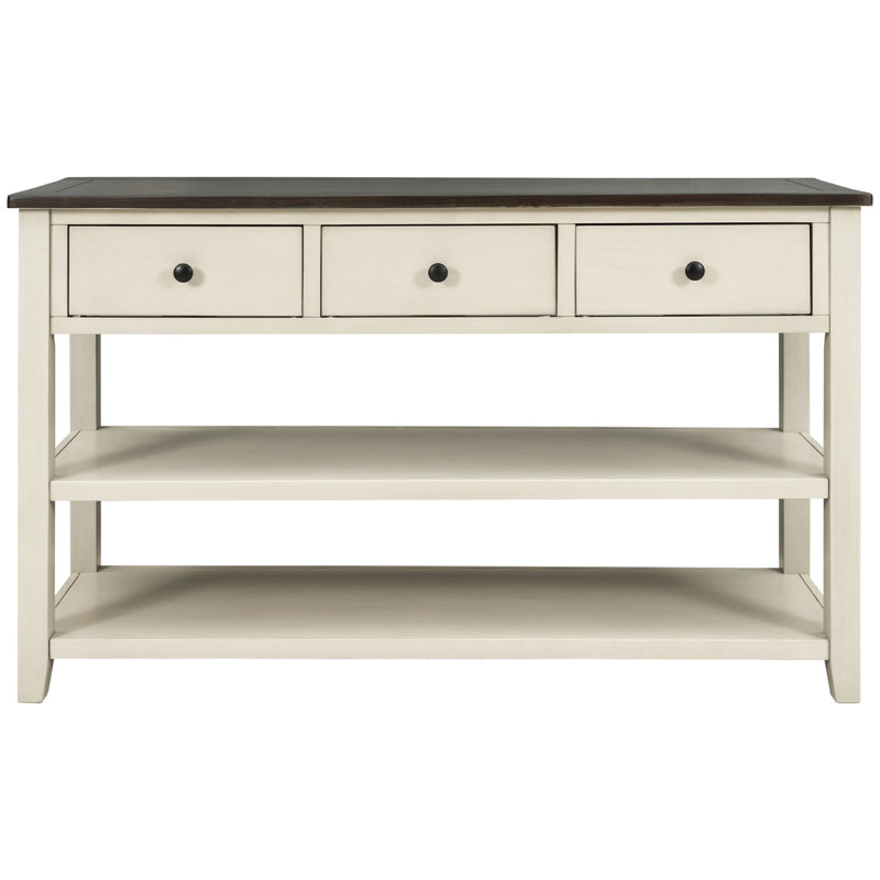 Retro Design Console Table With Two Open Shelves, Pine Solid Wood Frame And Legs For Living Room, Espresso, Beige