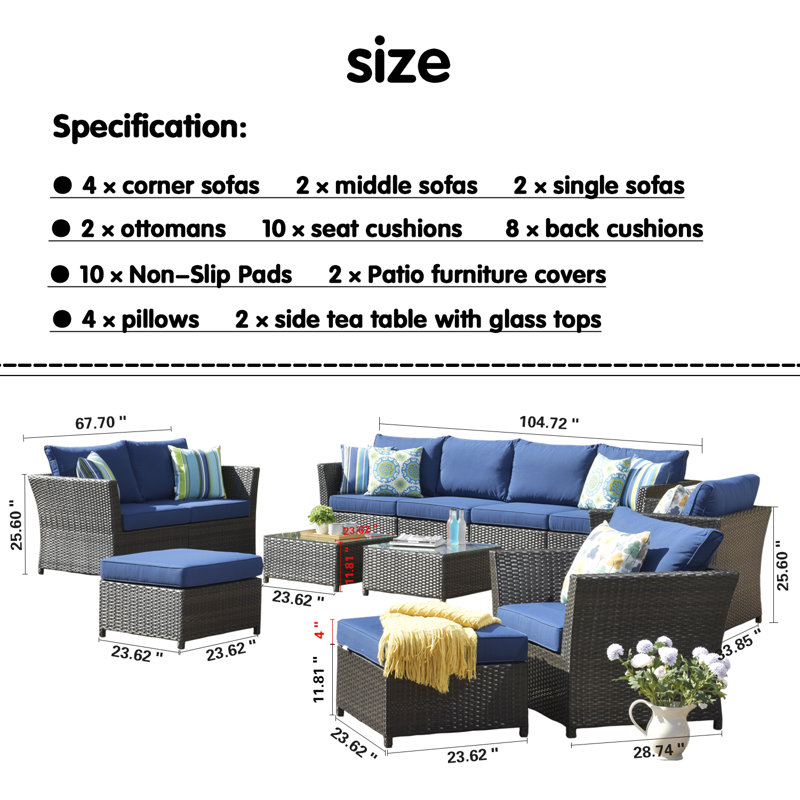 Ensemble de conversation modulaire en rotin 12 pièces avec coussins 12 pièces, Bleu marine