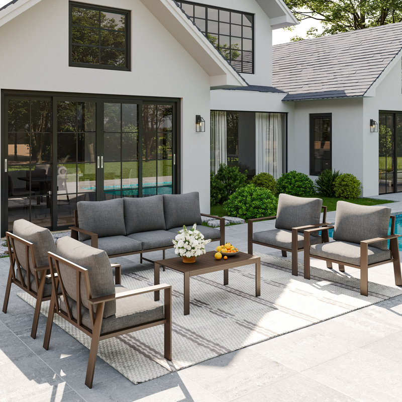  7-Person Outdoor Patio Furniture Set – Rust-Resistant Aluminum Frame, Deep Seating Weatherproof Cushions, No, Gray