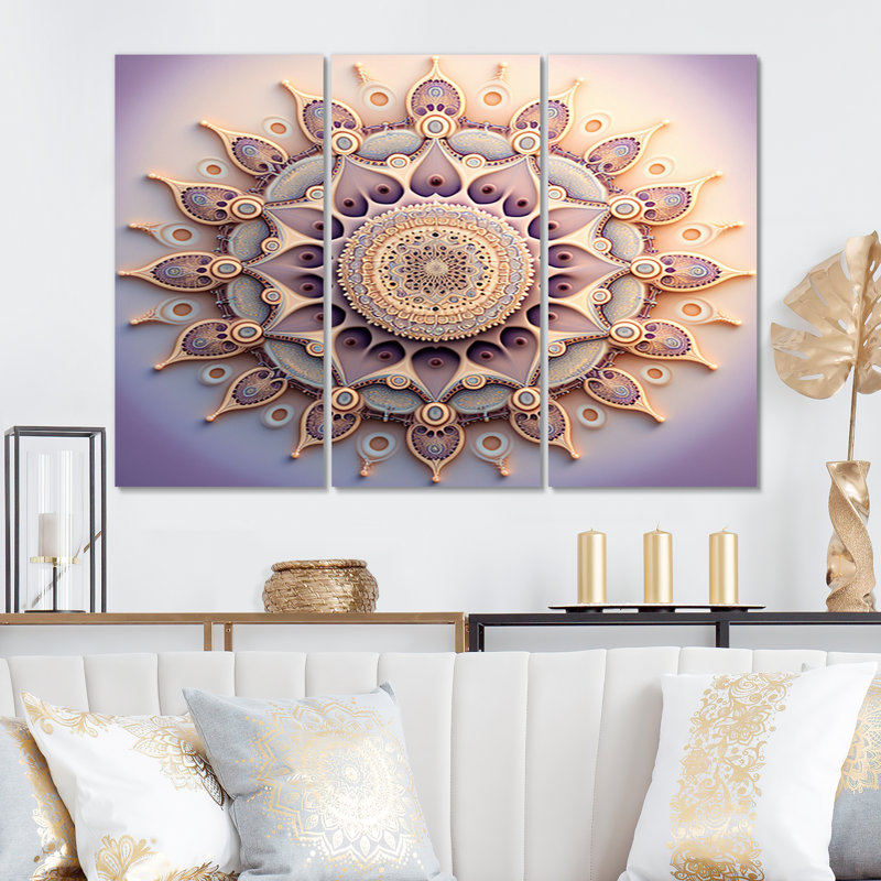 «Ethereal Fractal Mandal» en mauve et jaune I - ensemble de reproductions d'art sur toile Boho Mandala