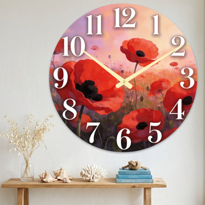 Landscape & Nature Red Poppies Field Background Clock Face Design Ultra Clear Glass Wall Clock