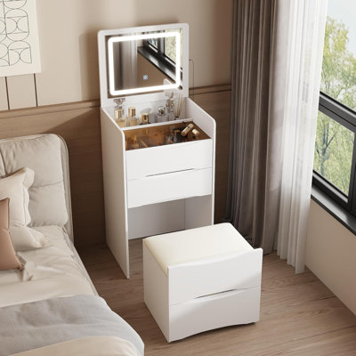 Compact Vanity Desk with LED Mirror, Glass Tabletop, 3 Drawers & Cushioned Stool White