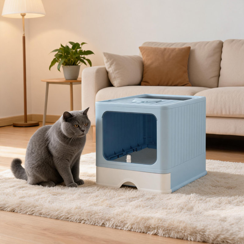 Litière pour chat avec pelle, grande litière couverte avec couvercle, Blue