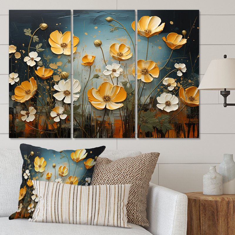 «Buttercups» jaune jaune, lueur dorée, patchwork II sur toile, 3 pièces, H 28 po x l 36 po x P 1 po